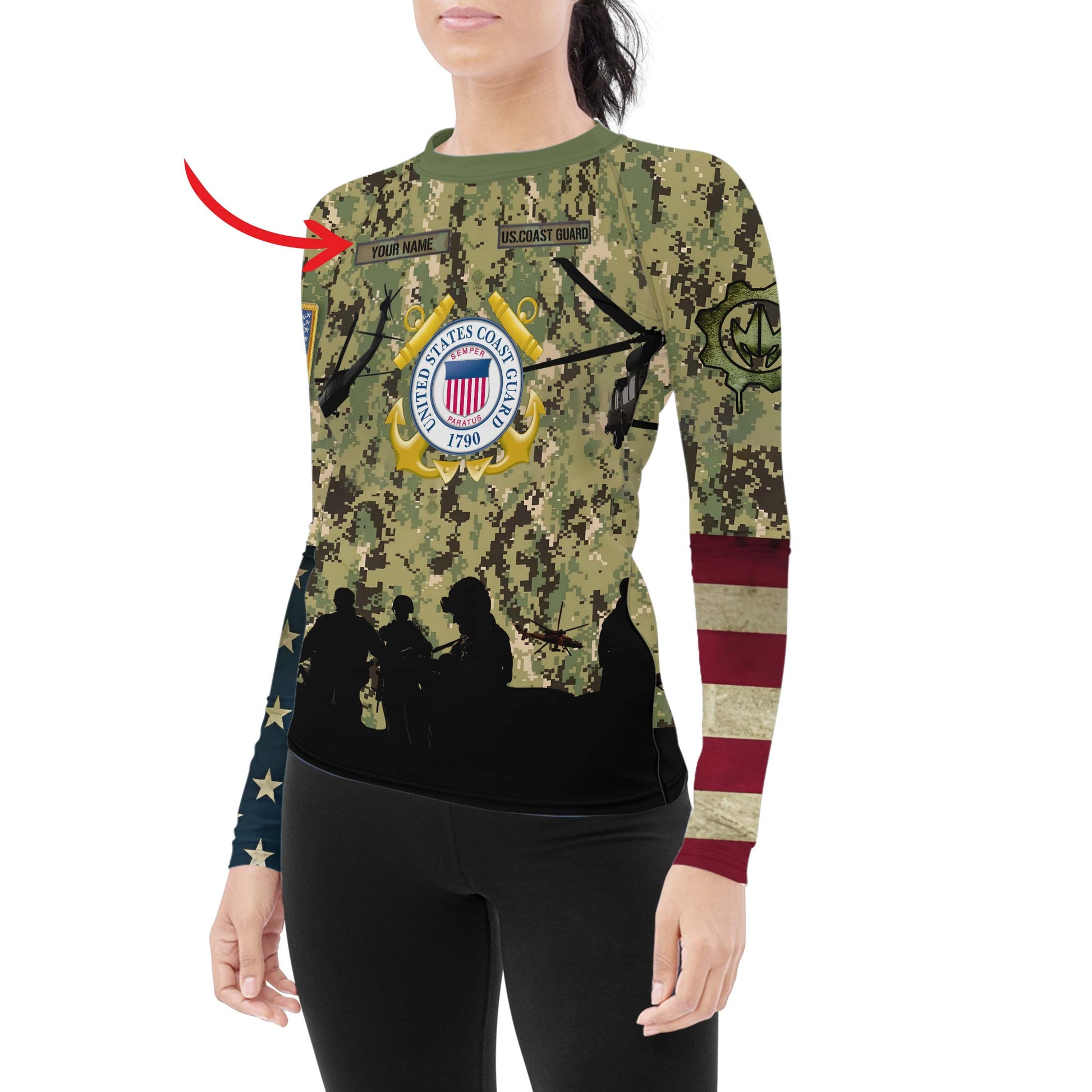 Personalized US Coast Guard Women's Long Sleeve Rash Guard