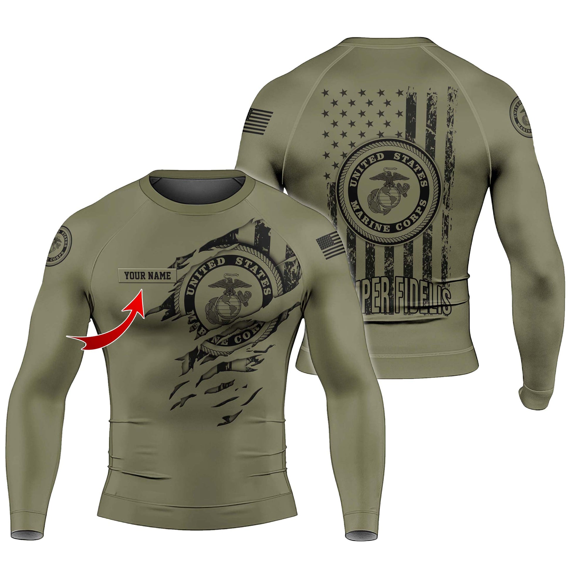 Personalized US Marine Semper Fidelis Men's Long Sleeve Rash Guard
