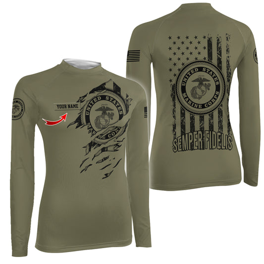 Personalized US Marine Semper Fidelis Women's Long Sleeve Rash Guard
