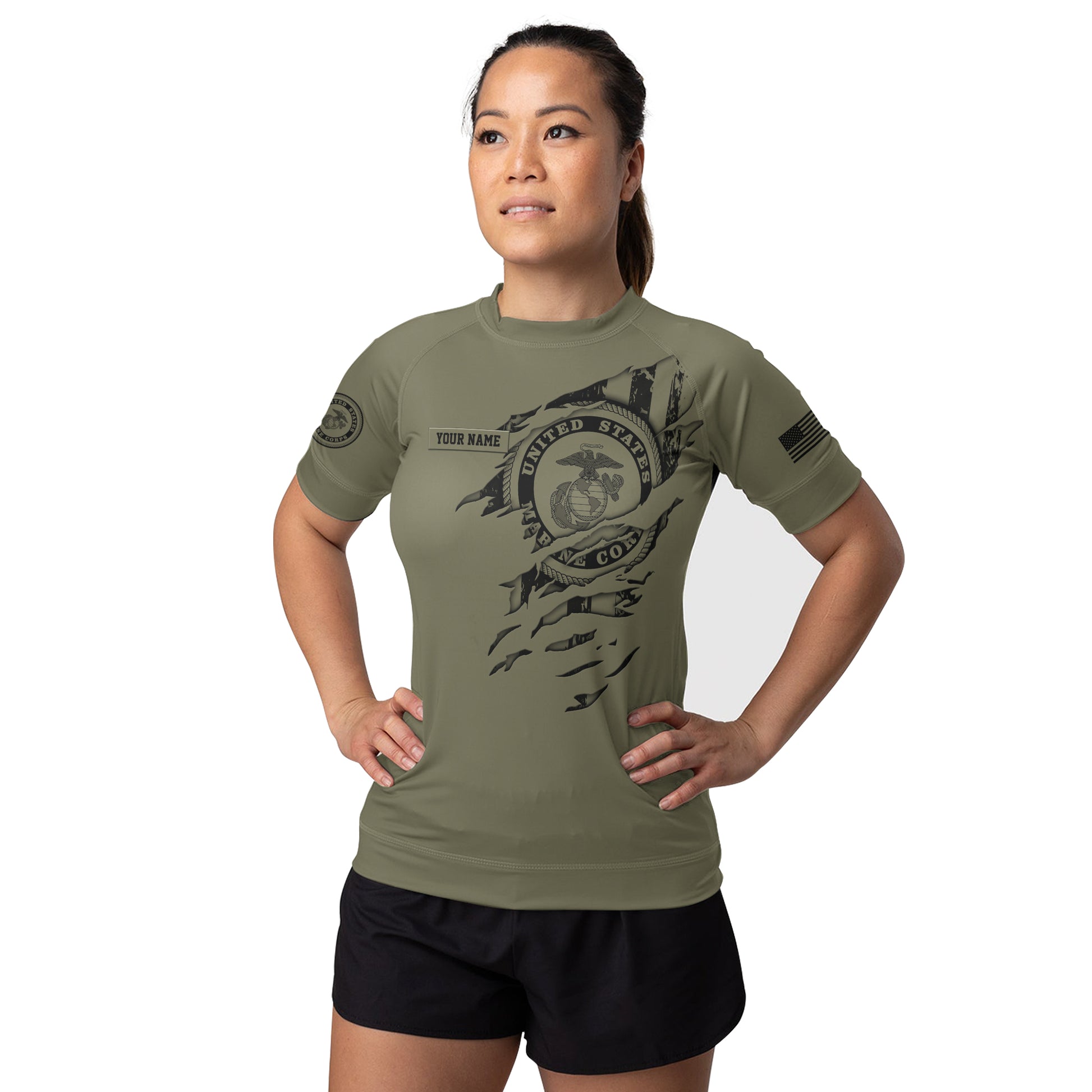 Personalized US Marine Semper Fidelis Women's Short Sleeve Rash Guard