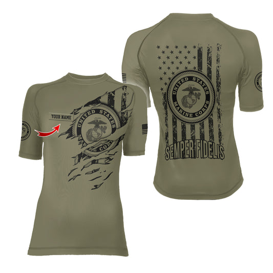 Personalized US Marine Semper Fidelis Women's Short Sleeve Rash Guard
