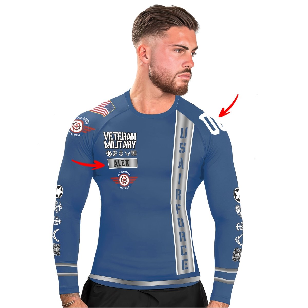 Personalized USA Air Force Veteran Men's Long Sleeve Rash Guard - BattleFitGear