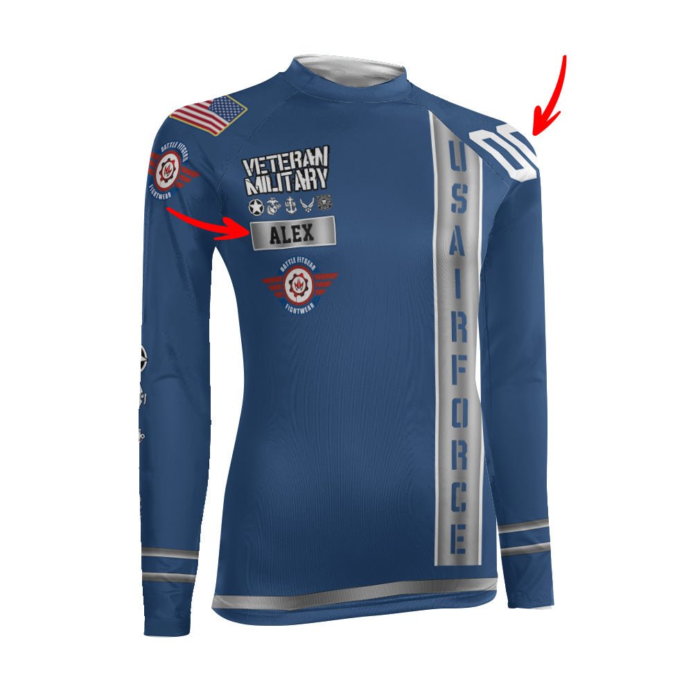 Personalized USA Air Force Veteran Women's Long Sleeve Rash Guard - BattleFitGear