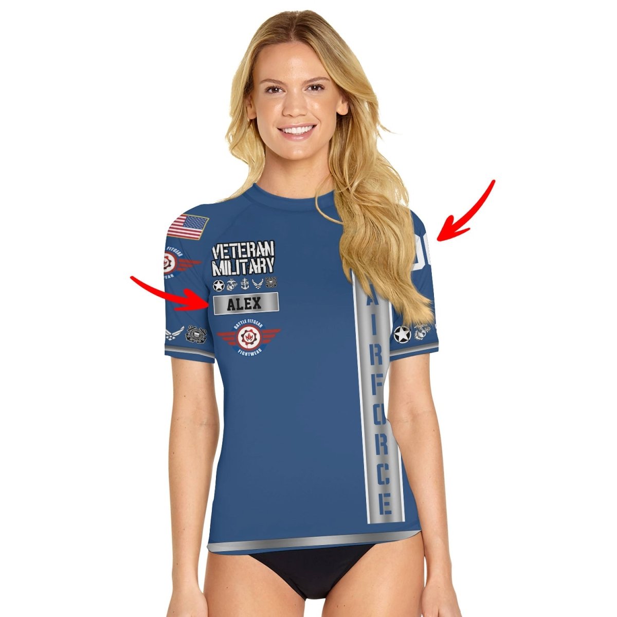 Personalized USA Air Force Veteran Women's Short Sleeve Rash Guard - BattleFitGear