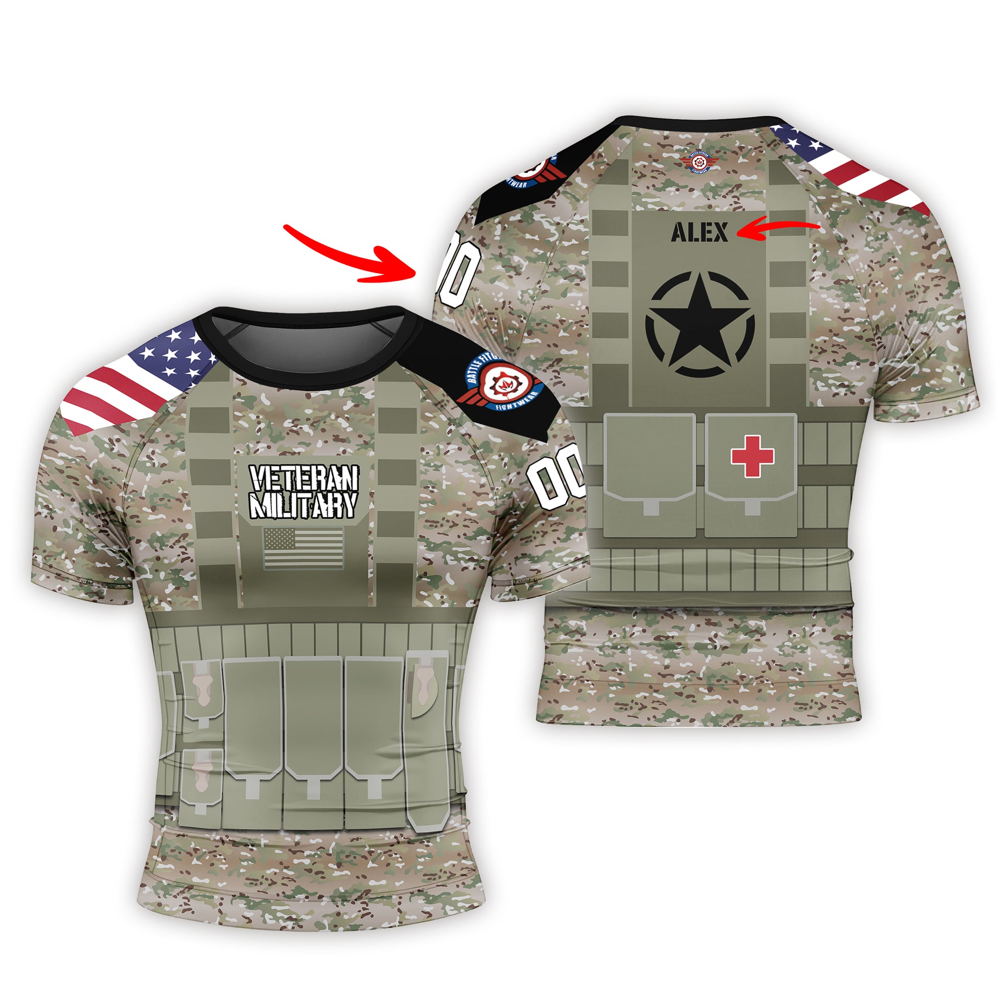 Personalized USA Army Veteran Military Men's Short Sleeve Rash Guard
