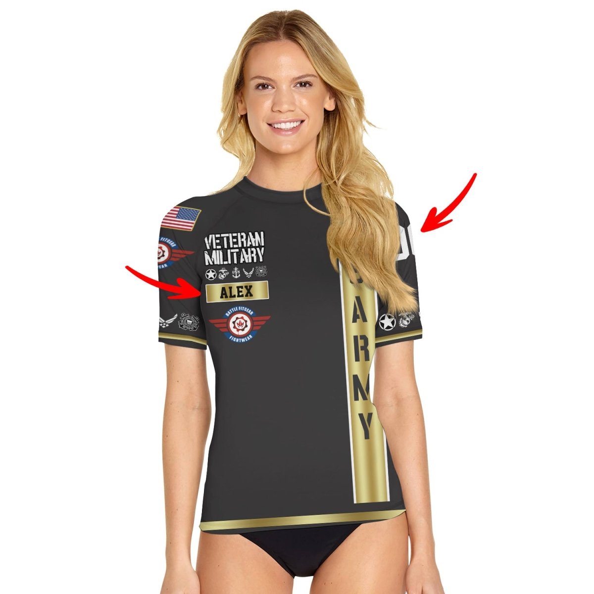 Personalized USA Army Veteran Women's Short Sleeve Rash Guard - BattleFitGear