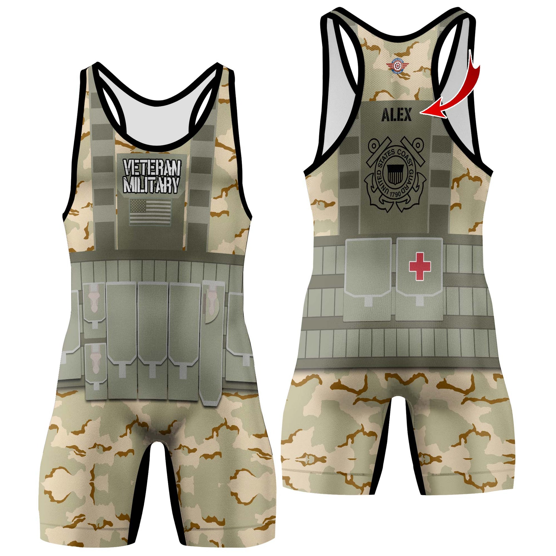 Personalized USA Coast Guard Veteran Wrestling Singlets