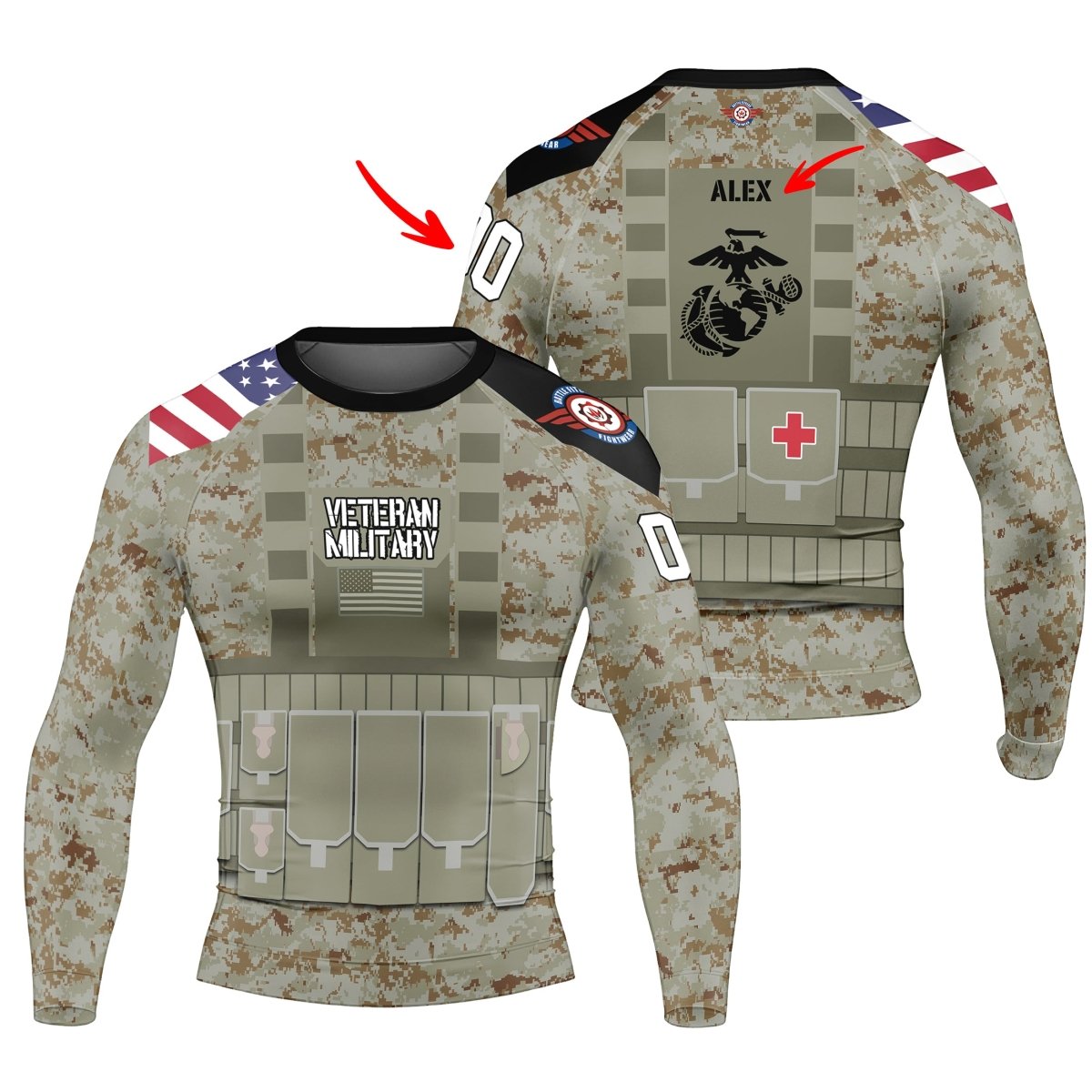 Personalized USA Marine Corp Veteran Men's Long Sleeve Rash Guard - BattleFitGear