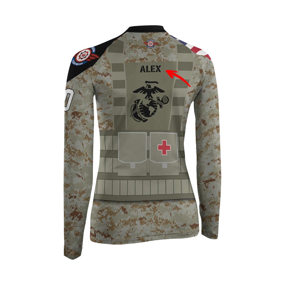 Personalized USA Marine Corp Veteran Women's Long Sleeve Rash Guard - BattleFitGear