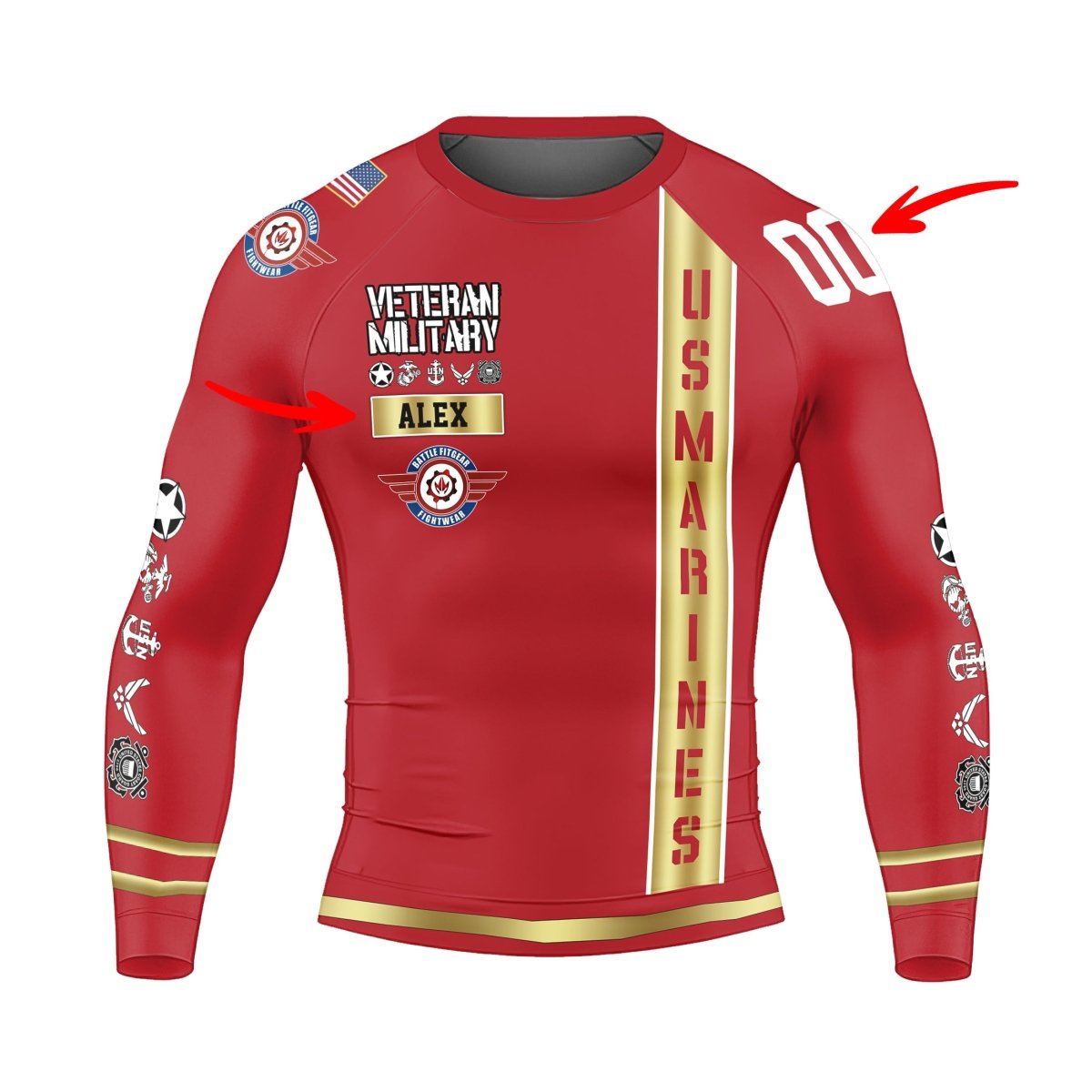 Personalized USA Marine Veteran Men's Long Sleeve Rash Guard - BattleFitGear