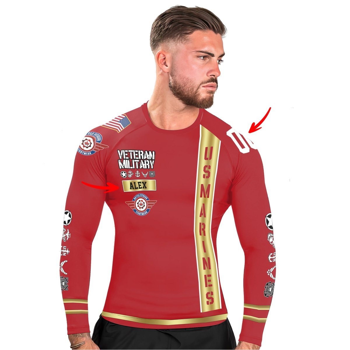 Personalized USA Marine Veteran Men's Long Sleeve Rash Guard - BattleFitGear