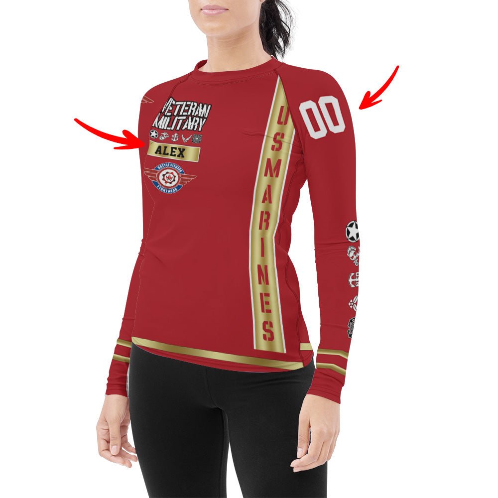 Personalized USA Marine Veteran Women's Long Sleeve Rash Guard - BattleFitGear