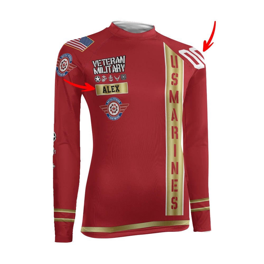 Personalized USA Marine Veteran Women's Long Sleeve Rash Guard - BattleFitGear