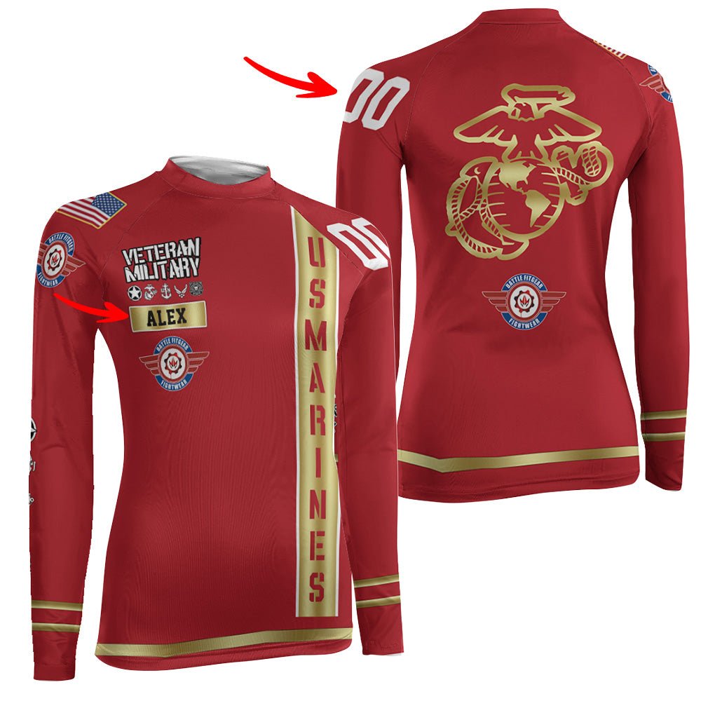 Personalized USA Marine Veteran Women's Long Sleeve Rash Guard - BattleFitGear