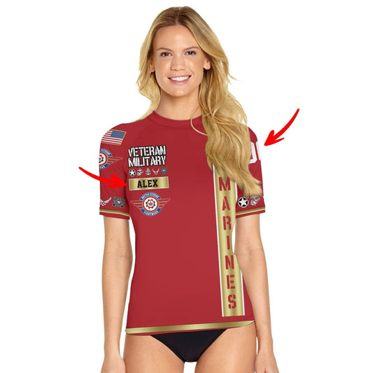 Personalized USA Marine Veteran Women's Short Sleeve Rash Guard - BattleFitGear