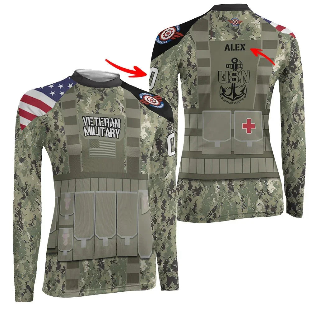 Navy Rashguard Personalized USN Navy Veteran Women's Long Sleeve Rash Guard