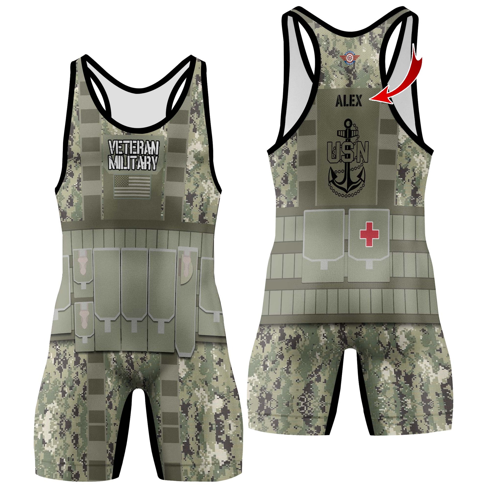 Personalized USN Navy Veteran Wrestling Singlets