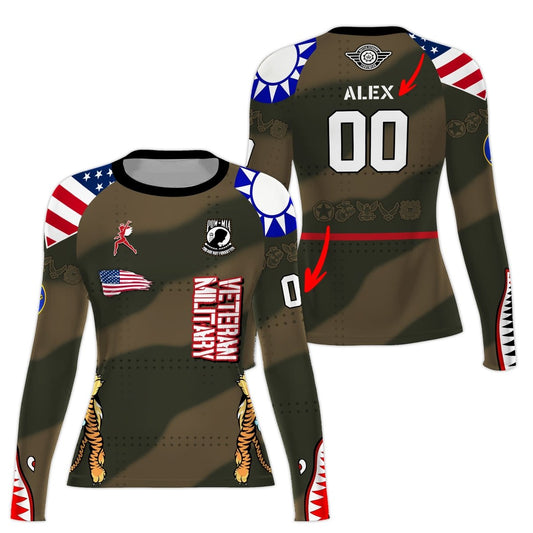 Personalized Veteran Airforce Flying Tiger Women's Long Sleeve Rash Guard - BattleFitGear