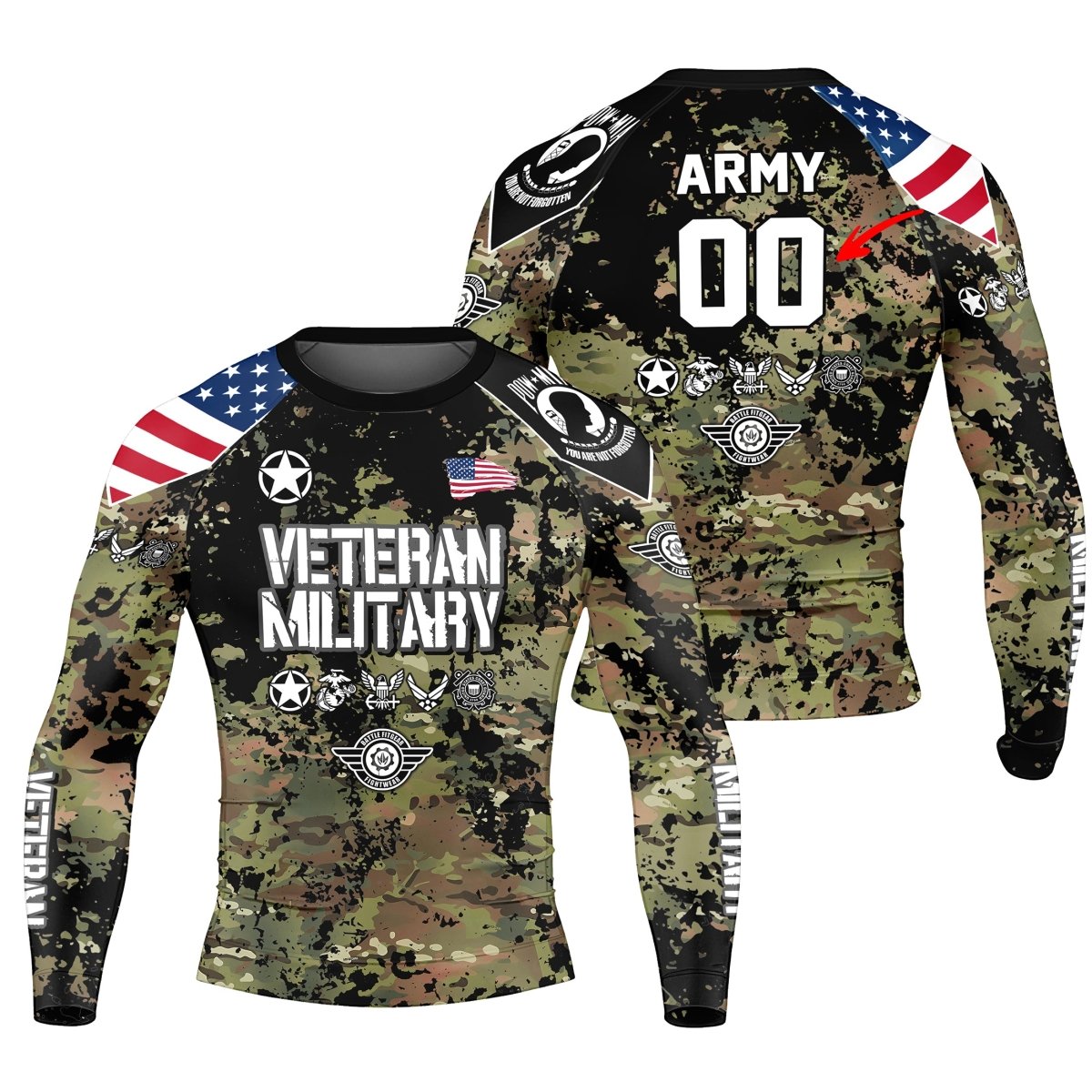 Personalized Veteran Army Camouflage Men's Long Sleeve Rash Guard - BattleFitGear