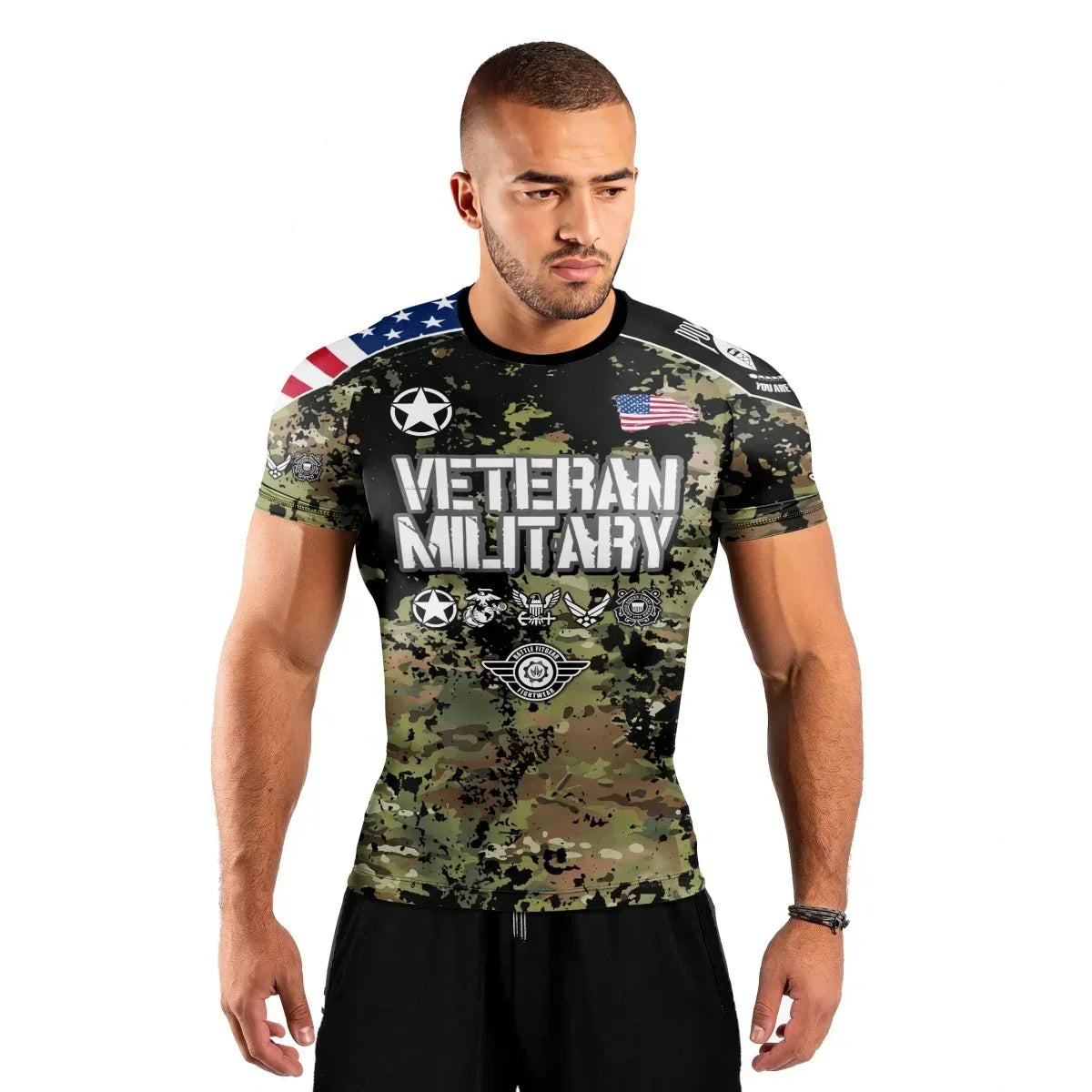 Personalized Veteran Army Camouflage Men's Short Sleeve Rash Guard