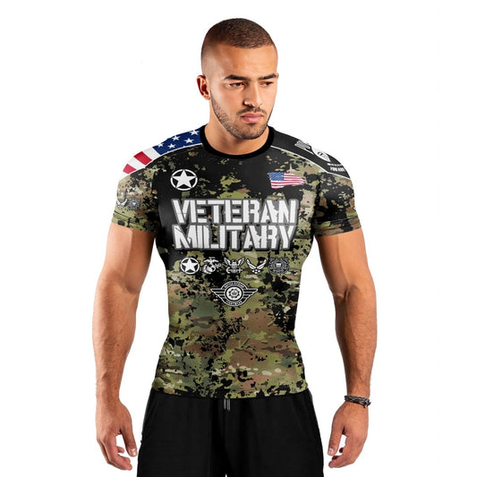 Personalized Veteran Army Camouflage Men's Short Sleeve Rash Guard - BattleFitGear