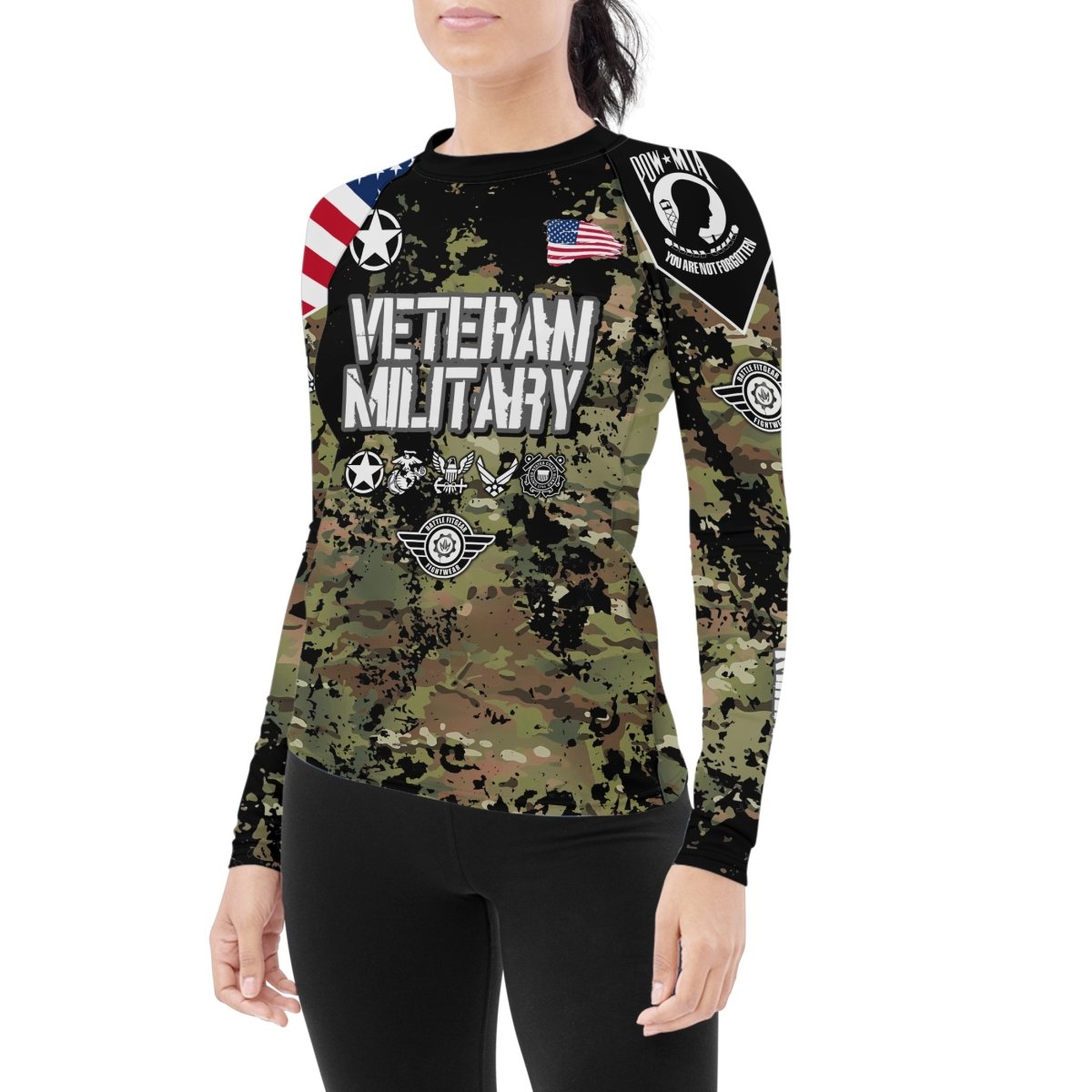 Personalized Veteran Army Camouflage Women's Long Sleeve Rash Guard - BattleFitGear