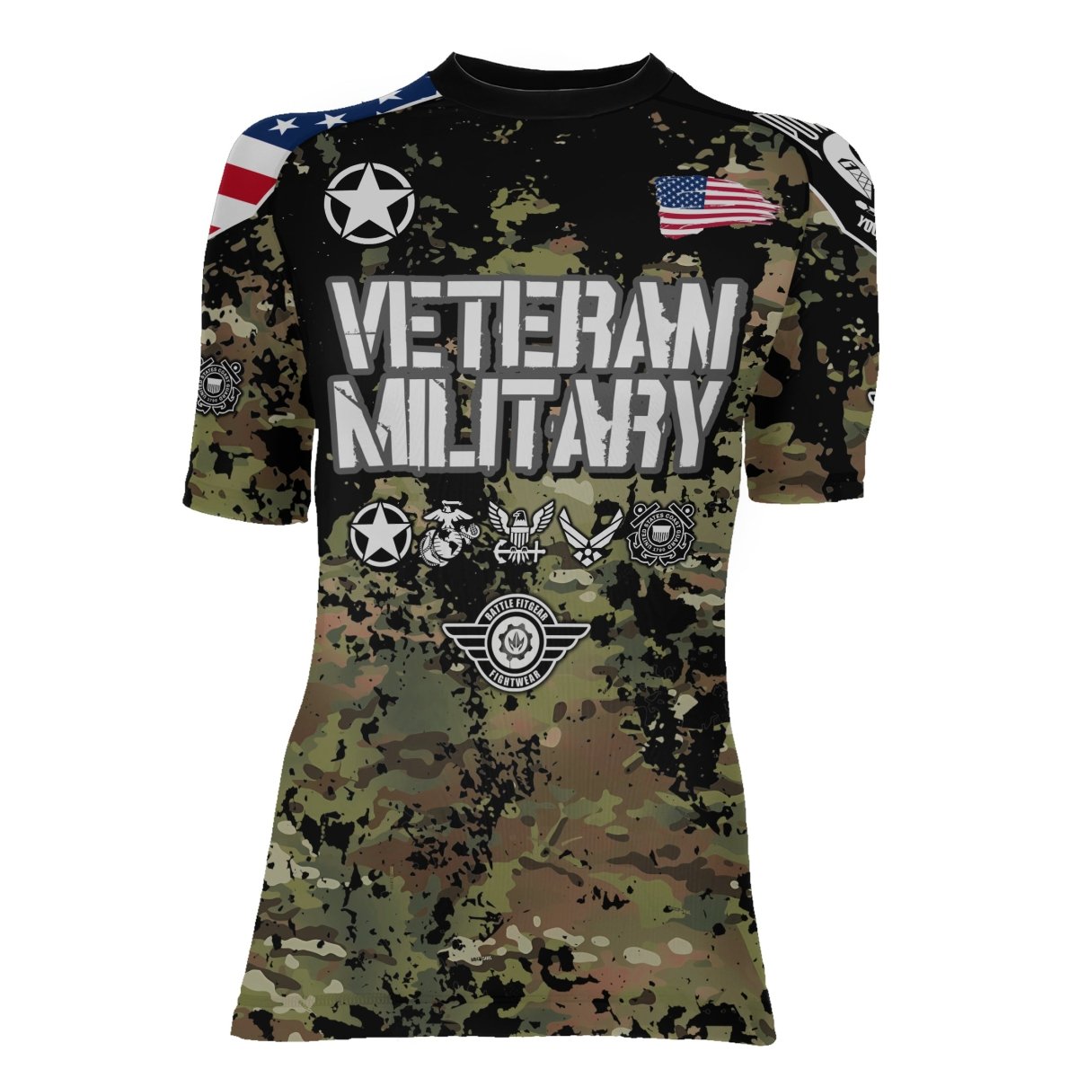 Personalized Veteran Army Camouflage Women's Short Sleeve Rash Guard - BattleFitGear