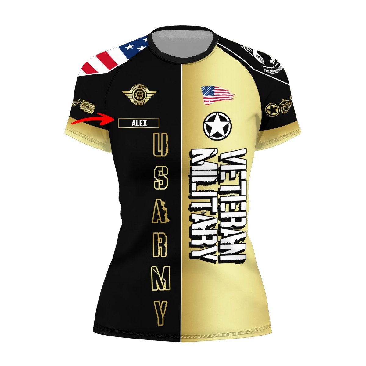 Personalized Veteran Army Football Women's Short Sleeve Rash Guard - BattleFitGear