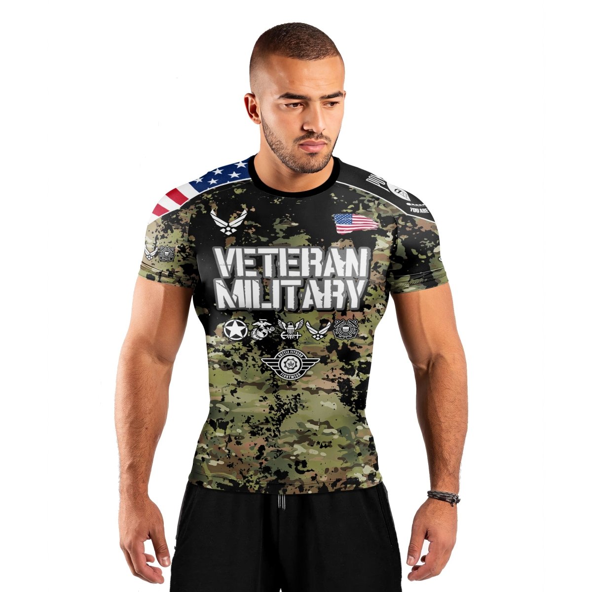 Personalized Veteran Air Force Camouflage Men's Short Sleeve Rash Guard - BattleFitGear