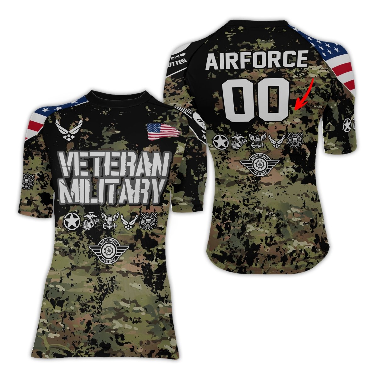 Personalized Veteran Air Force Camouflage Women's Short Sleeve Rash Guard - BattleFitGear