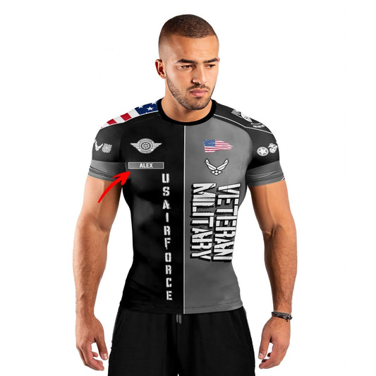 Personalized Veteran Military Air Force Men's Short Sleeve Rash Guard - BattleFitGear