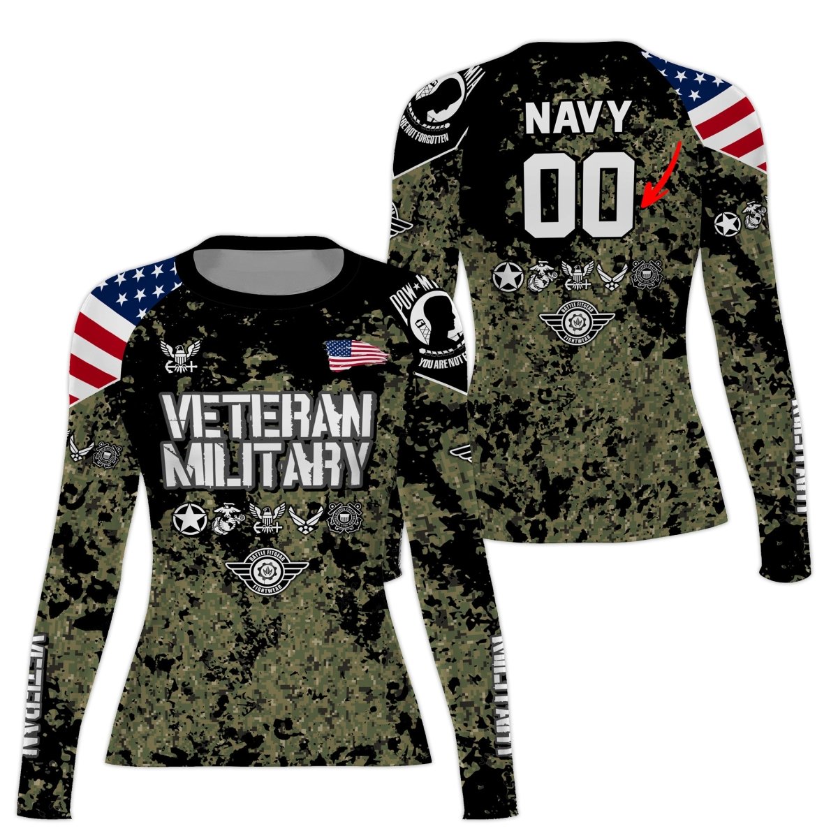 Personalized Veteran Navy Camouflage Women's Long Sleeve Rash Guard - BattleFitGear