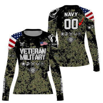 Personalized Veteran Navy Camouflage Women's Long Sleeve Rash Guard - BattleFitGear