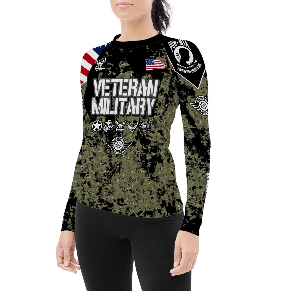 Personalized Veteran Navy Camouflage Women's Long Sleeve Rash Guard - BattleFitGear