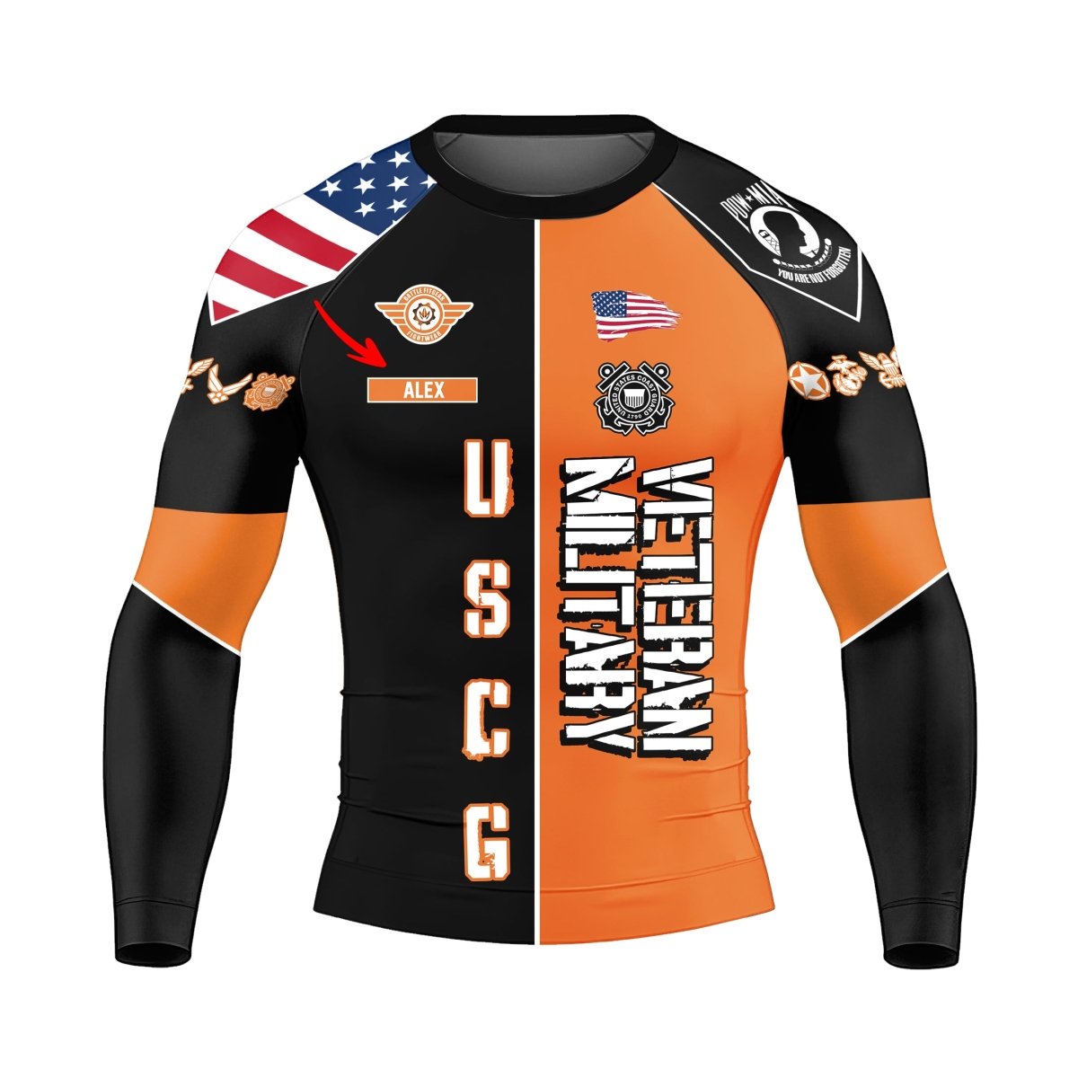 Personalized Veteran USCG Football Men's Long Sleeve Rash Guard - BattleFitGear