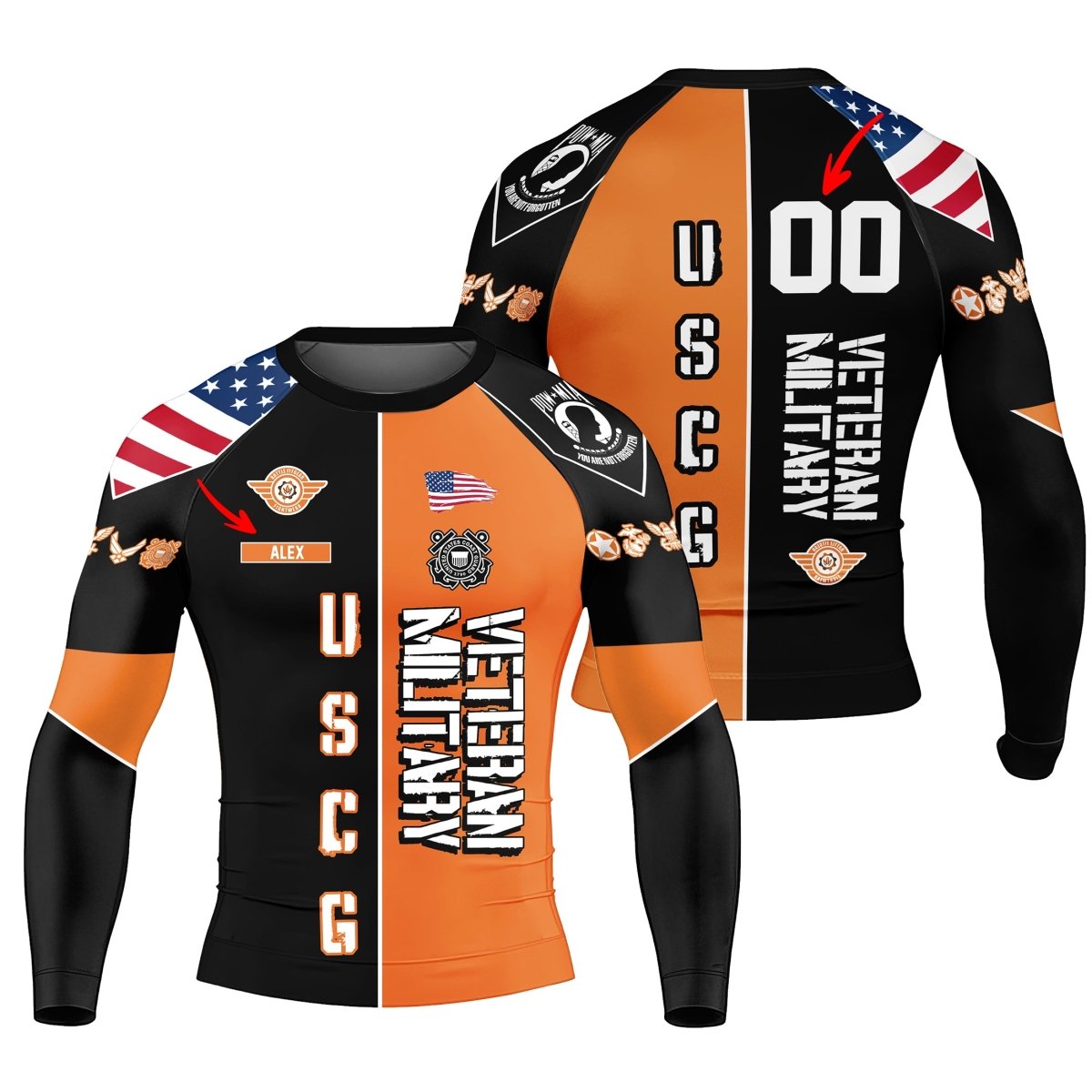 Personalized Veteran USCG Football Men's Long Sleeve Rash Guard - BattleFitGear