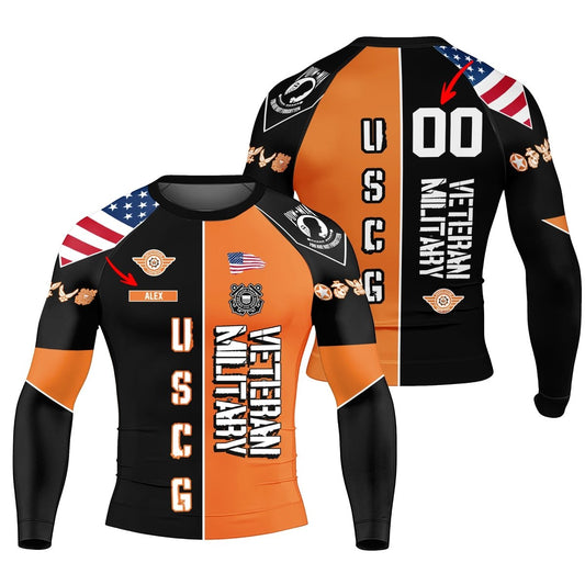 Personalized Veteran USCG Football Men's Long Sleeve Rash Guard - BattleFitGear