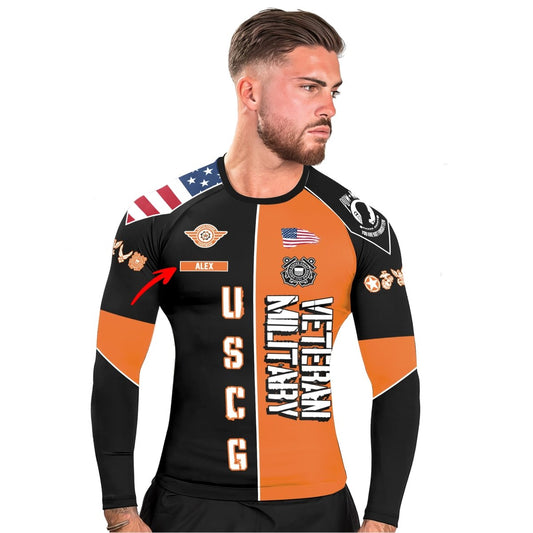 Personalized Veteran USCG Football Men's Long Sleeve Rash Guard - BattleFitGear