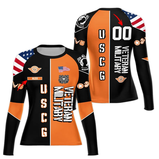 Personalized Veteran USCG Football Women's Long Sleeve Rash Guard - BattleFitGear