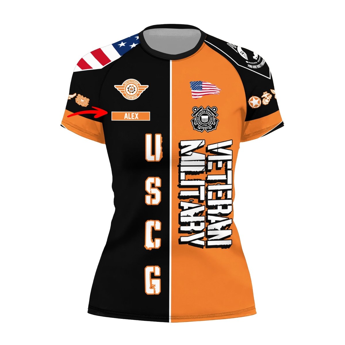 Personalized Veteran USCG Football Women's Short Sleeve Rash Guard - BattleFitGear