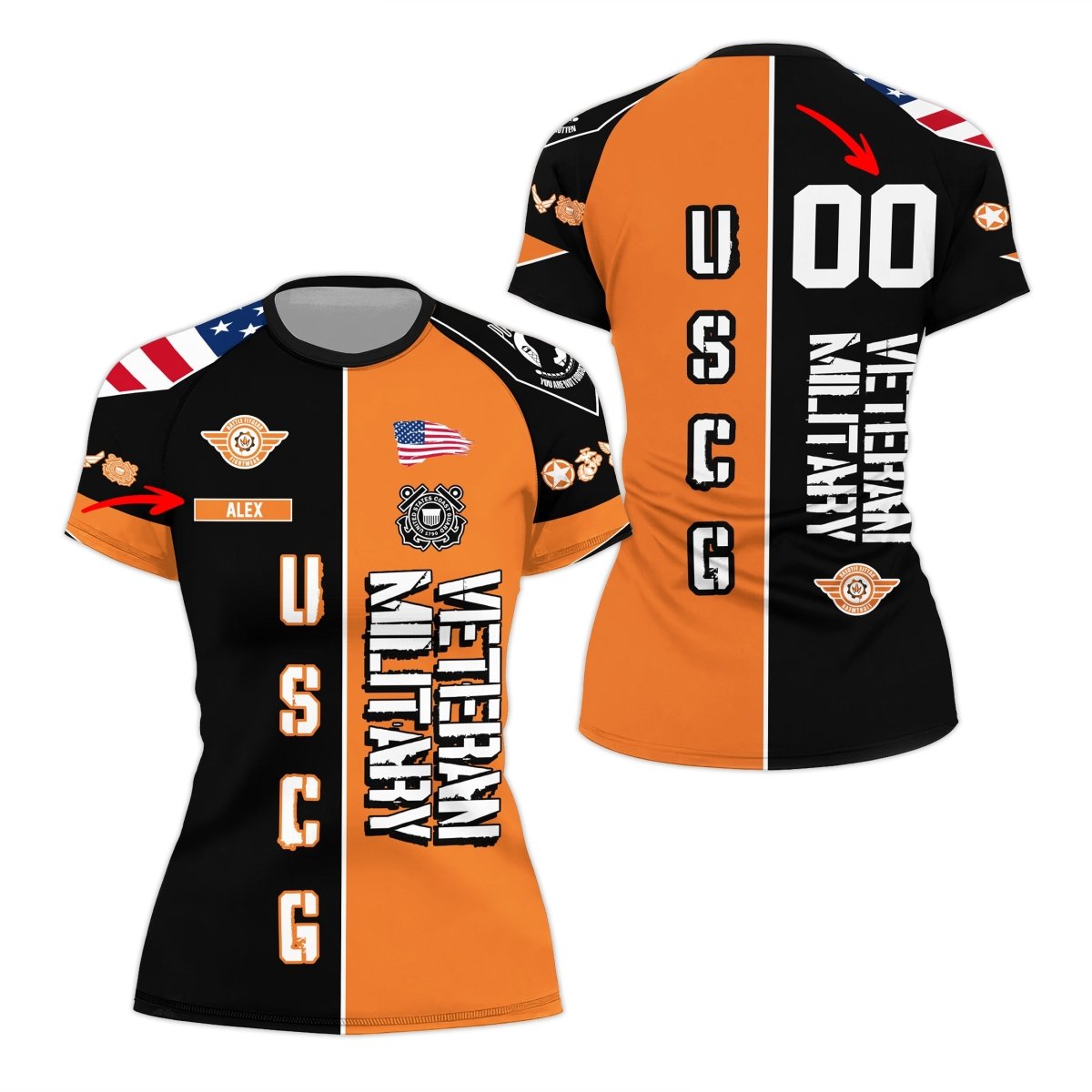 Personalized Veteran USCG Football Women's Short Sleeve Rash Guard - BattleFitGear