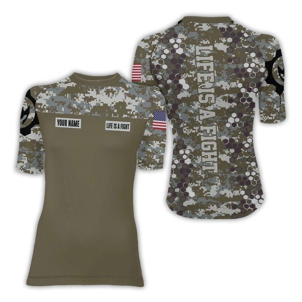 Personalized Army Camo Women's Short Sleeve Rash Guard - BattleFitGear