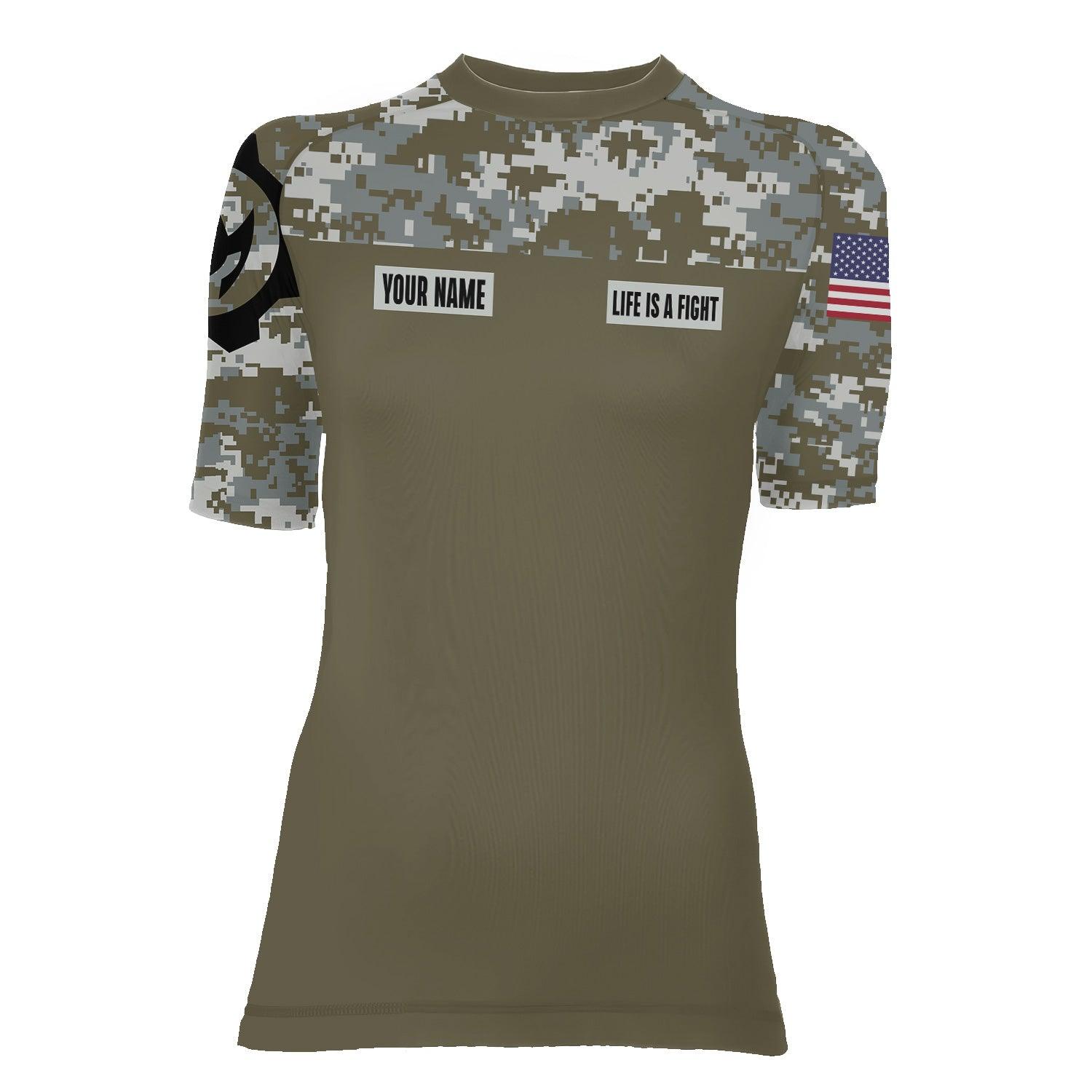 Personalized Army Camo Women's Short Sleeve Rash Guard - BattleFitGear