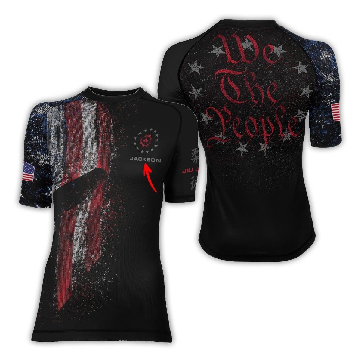 Personalized American Jiu Jitsu Grunge Women's Short Sleeve Rash Guard - BattleFitGear