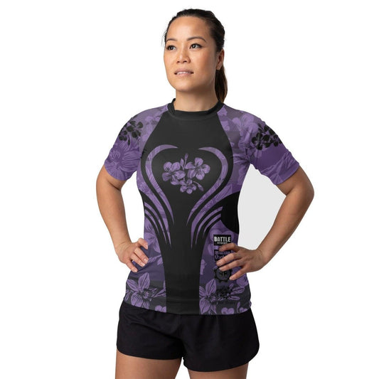 Orchid Series Floral Violet Heart Pattern Women's Short Sleeve Rash Guard - BattleFitGear