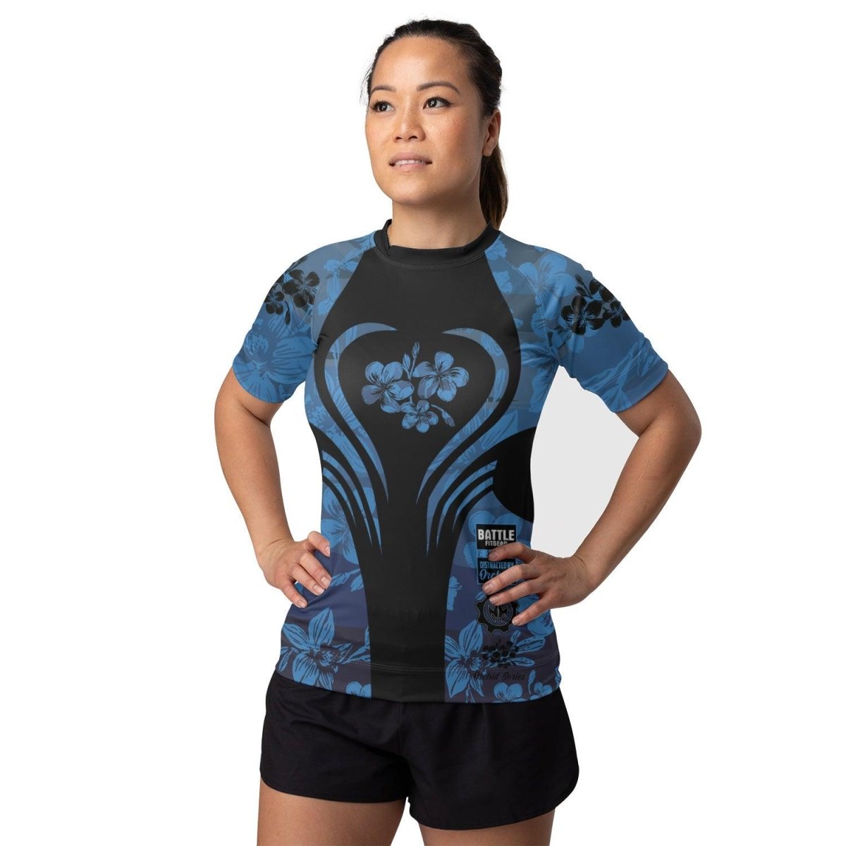 Orchid Series Floral Blue Heart Pattern Women's Short Sleeve Rash Guard - BattleFitGear