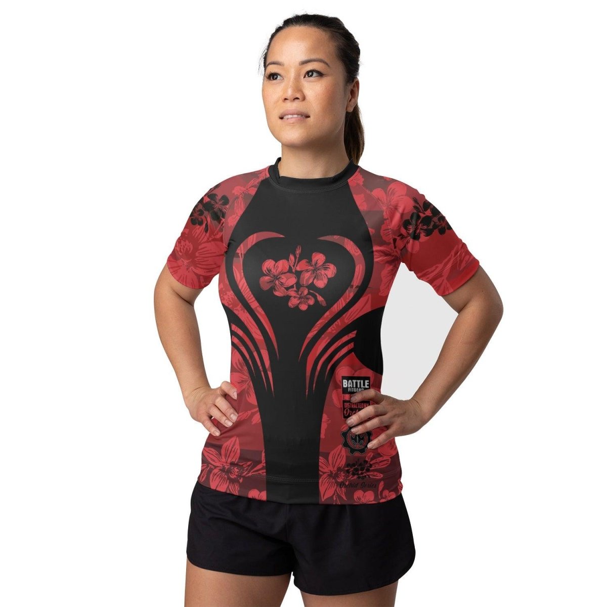 Orchid Series Floral Red Heart Pattern Women's Short Sleeve Rash Guard - BattleFitGear