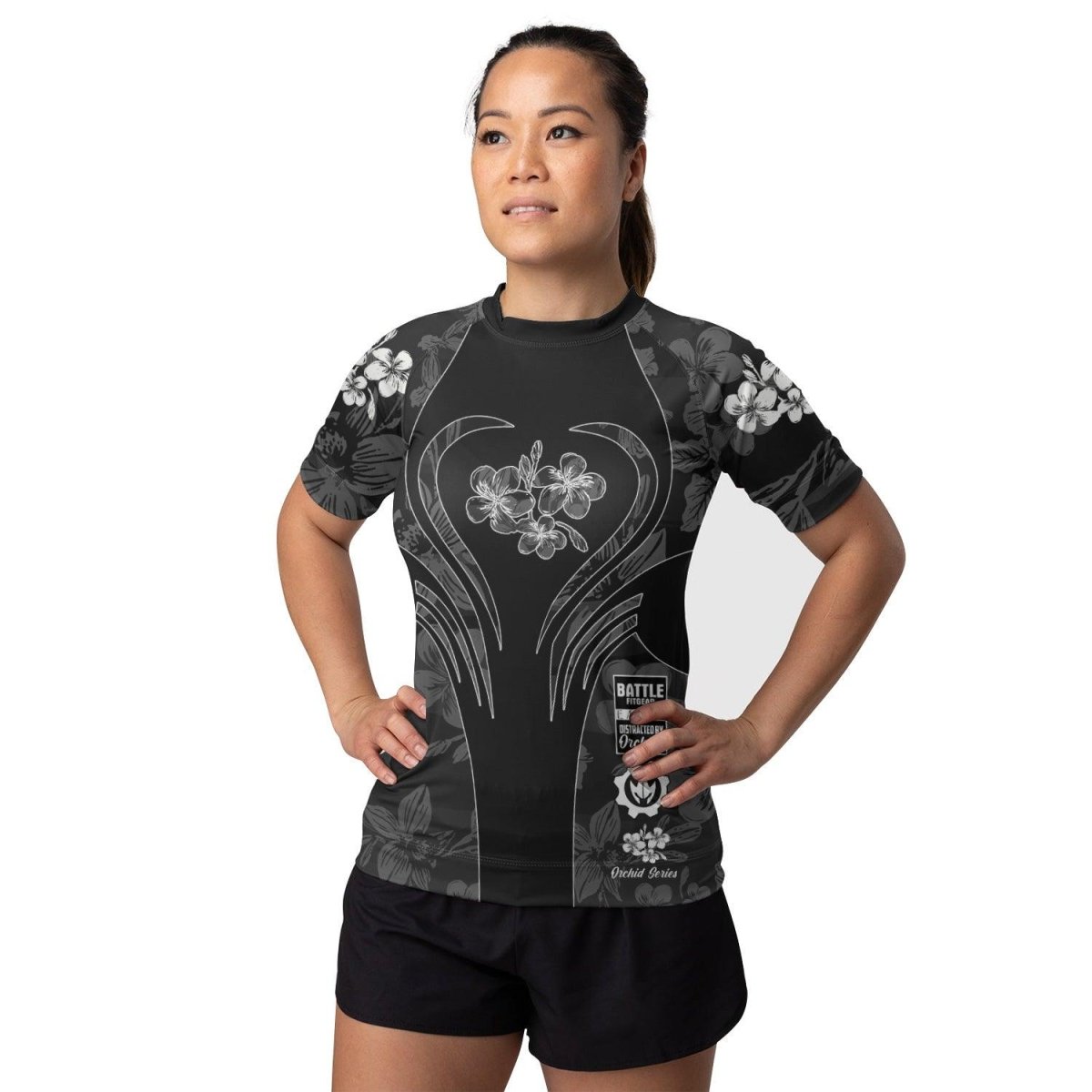 Orchid Series Floral Black Heart Pattern Women's Short Sleeve Rash Guard - BattleFitGear