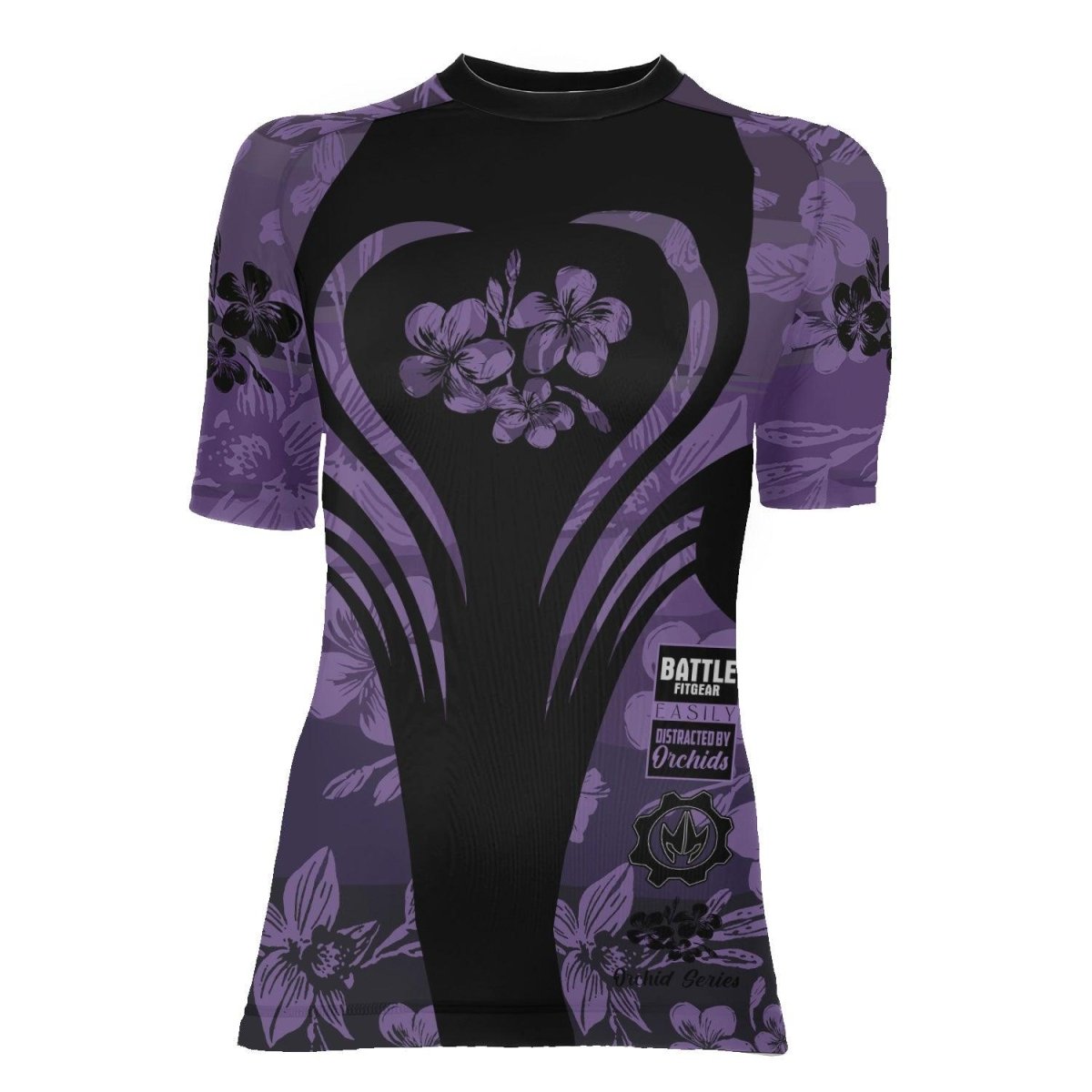 Orchid Series Floral Violet Heart Pattern Women's Short Sleeve Rash Guard - BattleFitGear