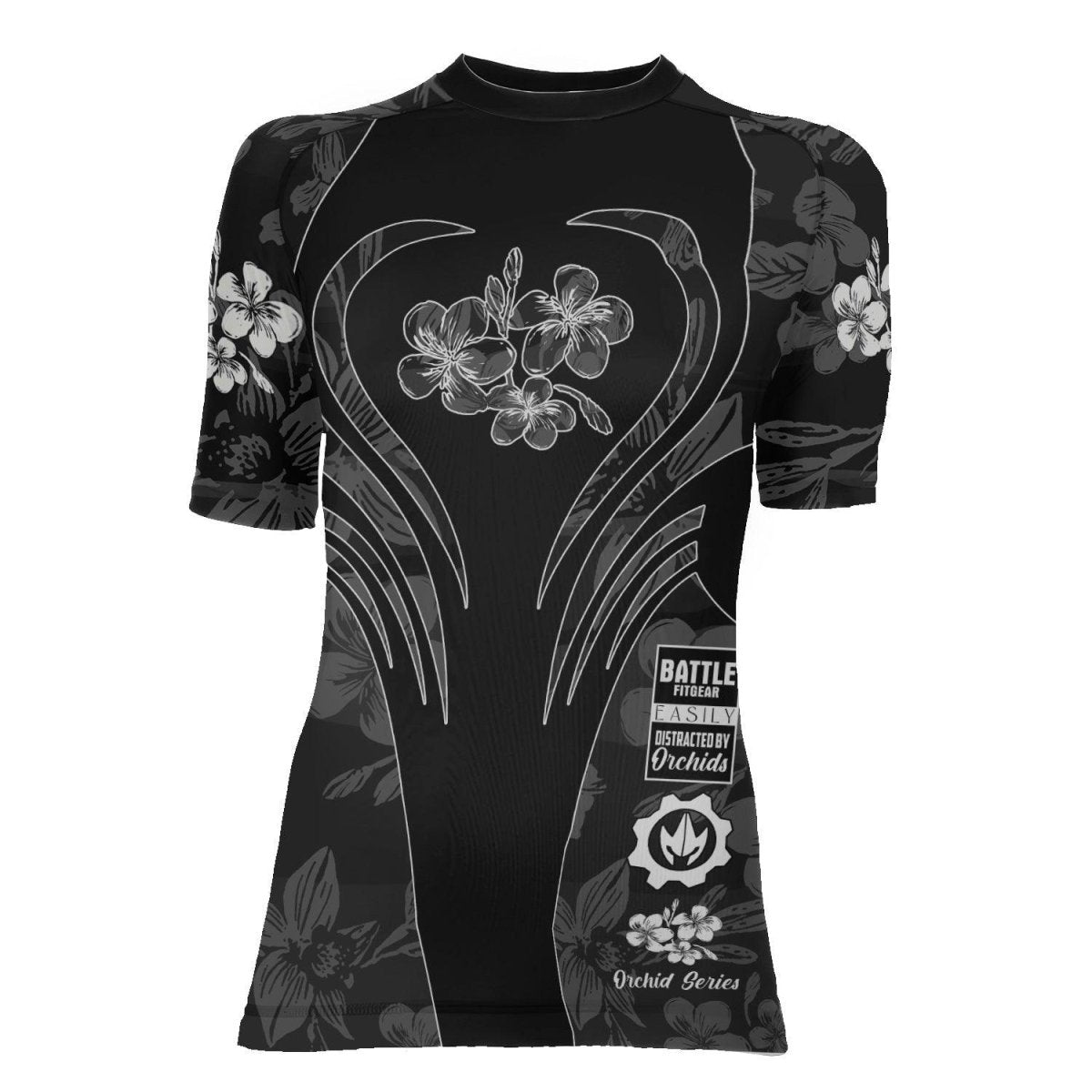 Orchid Series Floral Black Heart Pattern Women's Short Sleeve Rash Guard - BattleFitGear